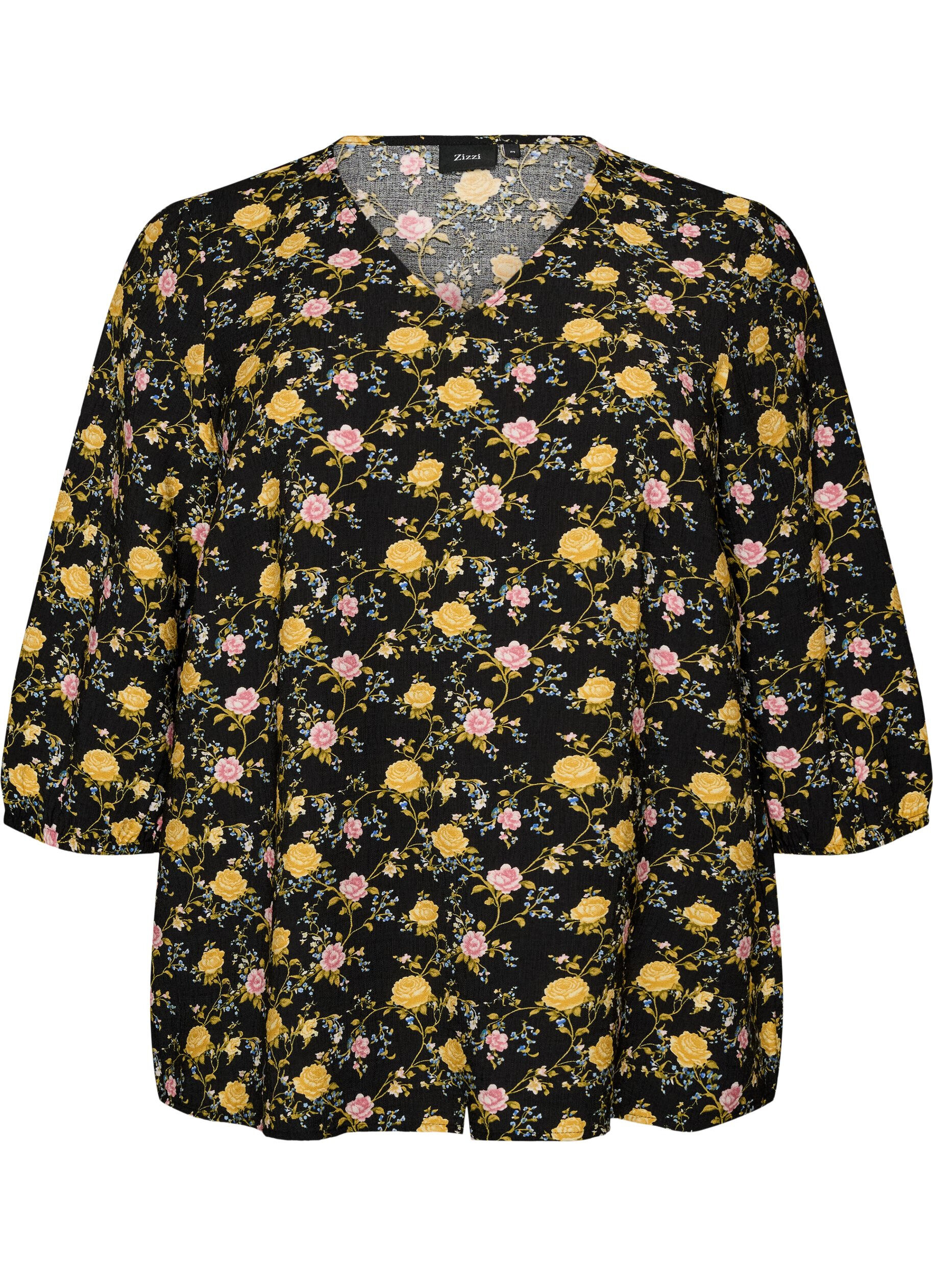 ZizziViskosebluse med m&oslash;nster og 3/4-&aelig;rmer, Sort, Packshot image number 0