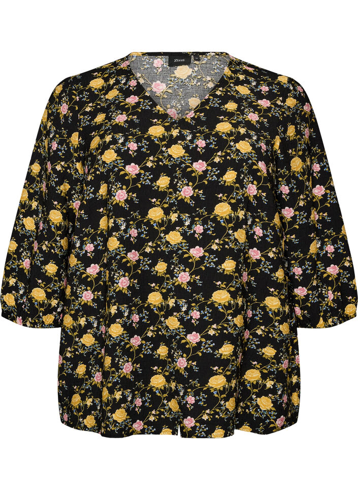 Viskosebluse med m&oslash;nster og 3/4-&aelig;rmer, Sort, Packshot image number 0