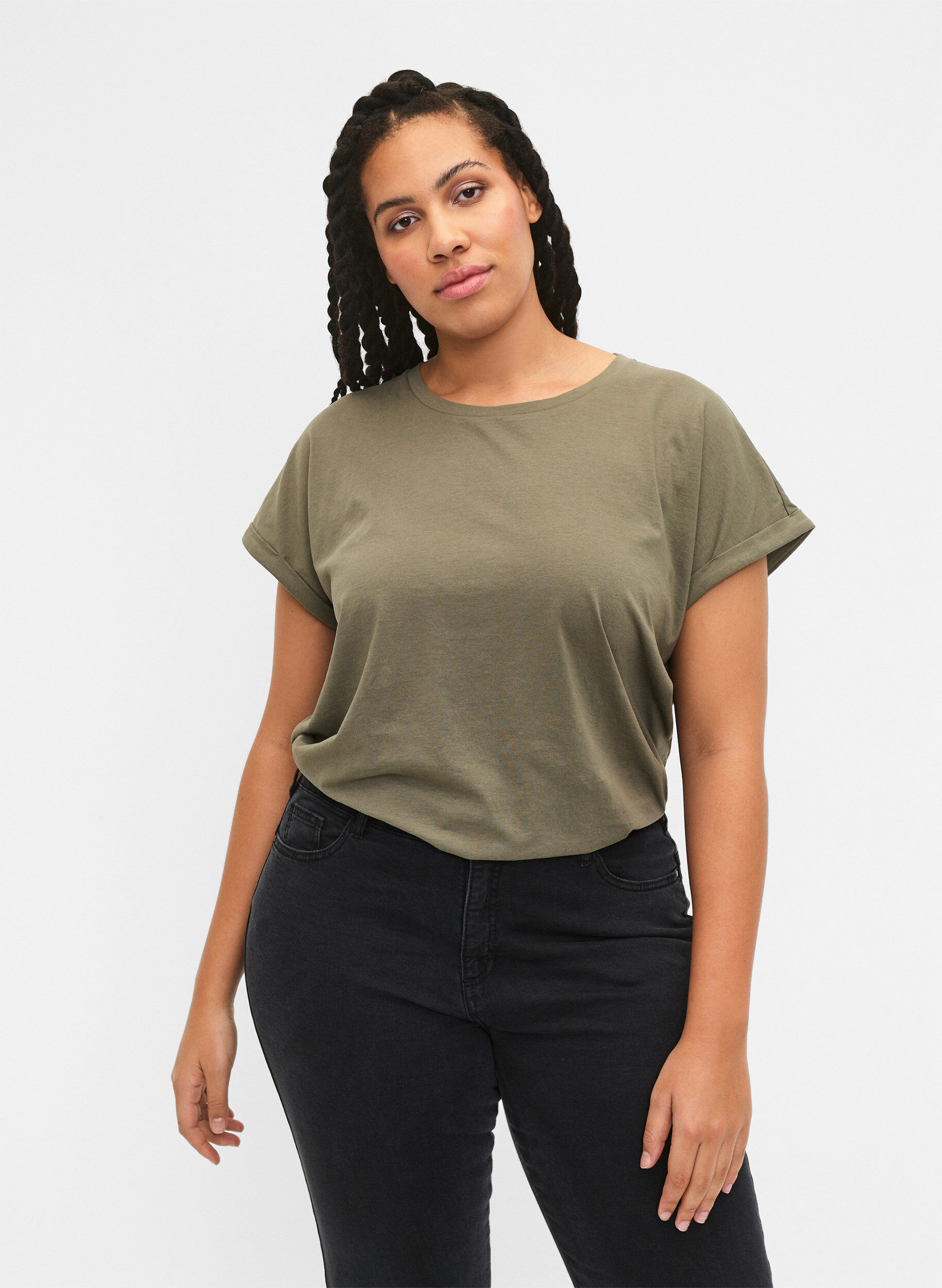 Zizzi2-pak kort&aelig;rmet t-shirts, Gr&oslash;n, Model image number 0