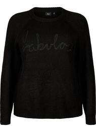 Strikbluse med broderet tekst, Black/Black