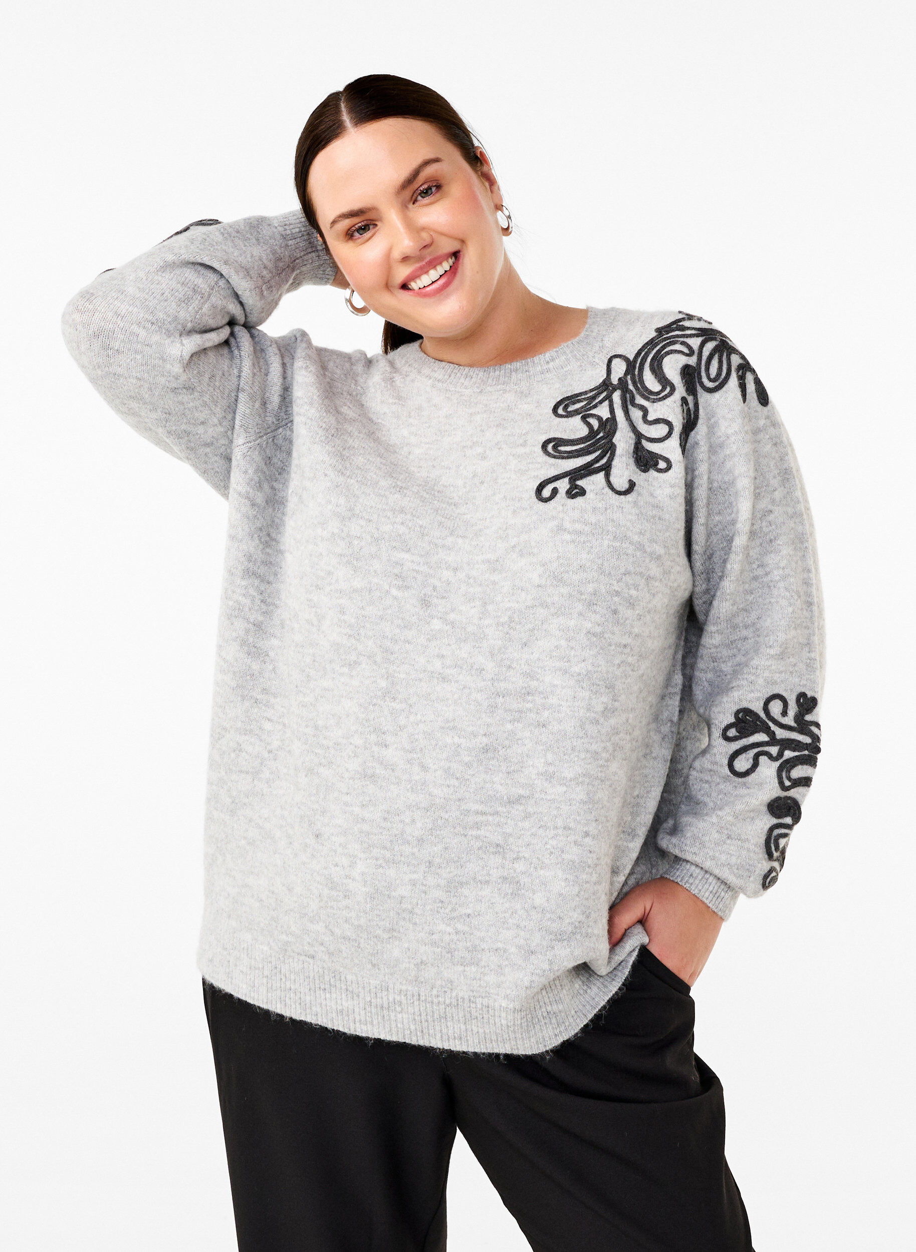Zizzi Strikbluse med dekorativt m&oslash;nster , Light Grey Melange, Model image number 0