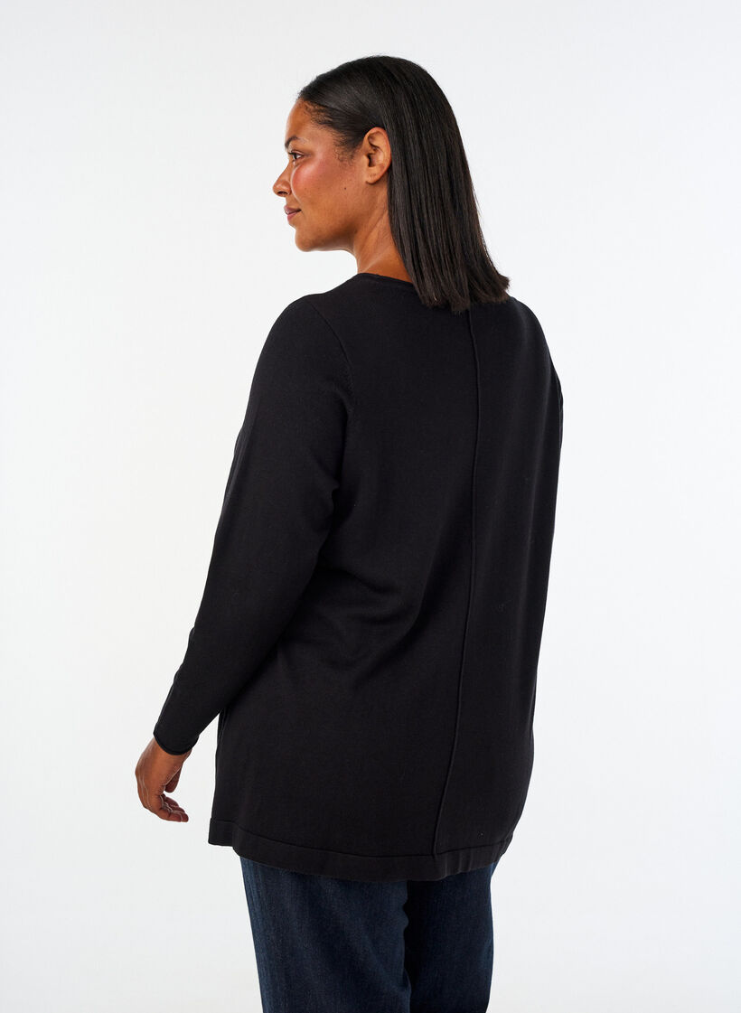Strikbluse i bomulds-viskosemix, Sort, Model image number 2