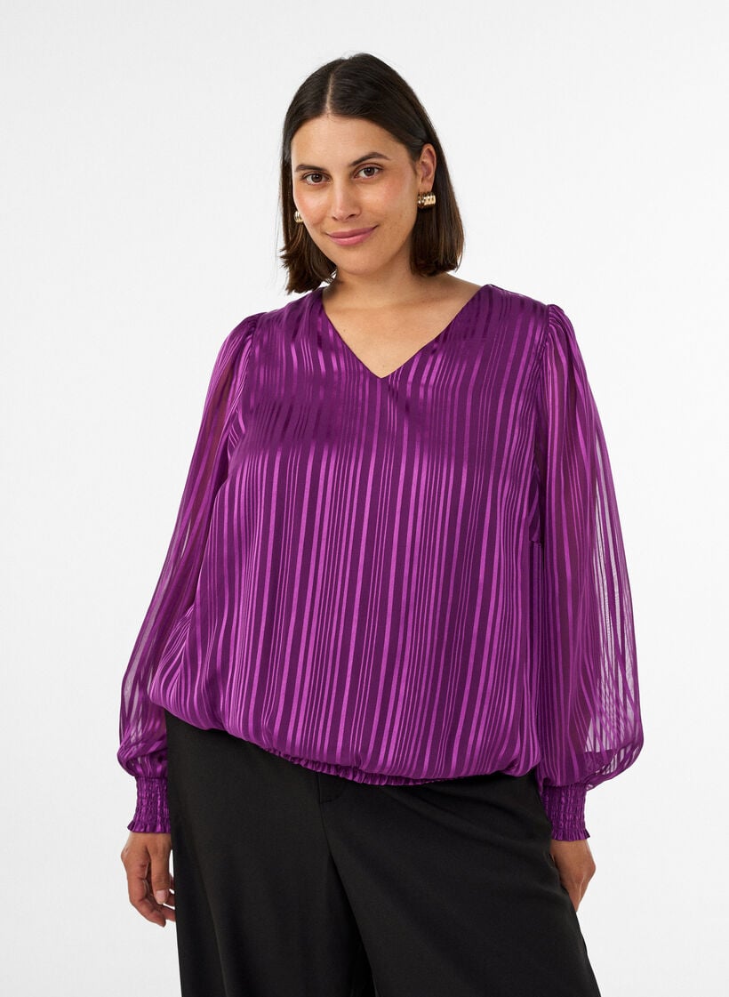 Bluse med stribem&oslash;nster og ballonform, Lilla, Model image number 0