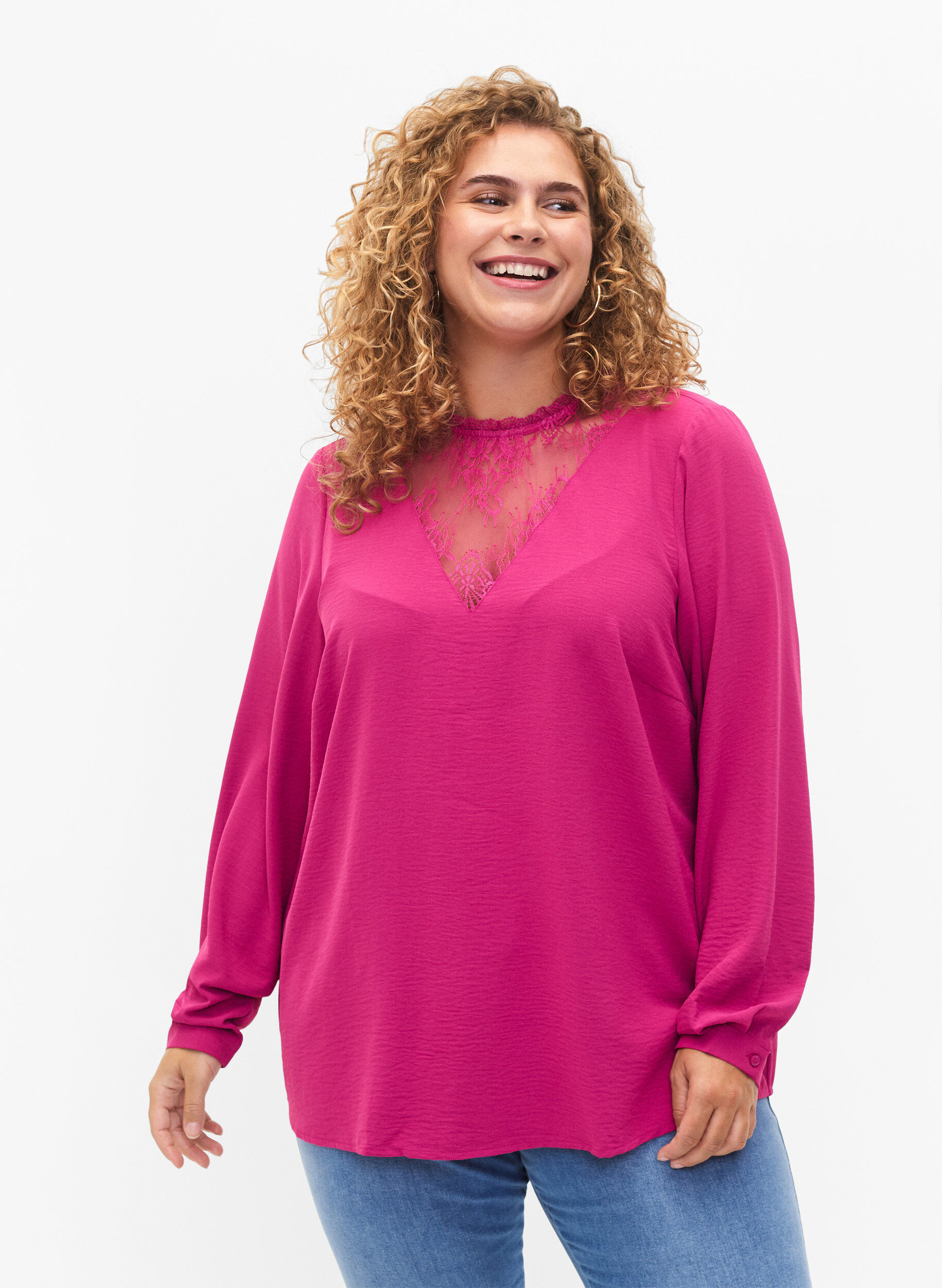 Zizzi Bluse med lange &aelig;rmer og blondedetalje, Festival Fuchsia, Model image number 0