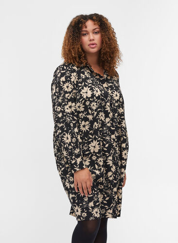 Printet kjole med matchende hårelastik, Black Beige AOP, Model image number 0
