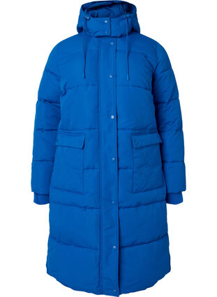Lang puffer jakke med lommer og hætte, French Blue, Packshot image number 0