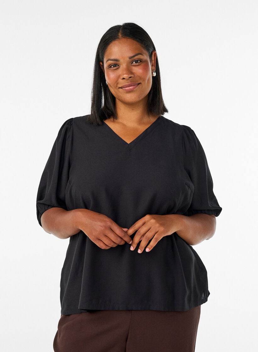 Viskosebluse med V-udsk&aelig;ring, Sort, Model image number 0