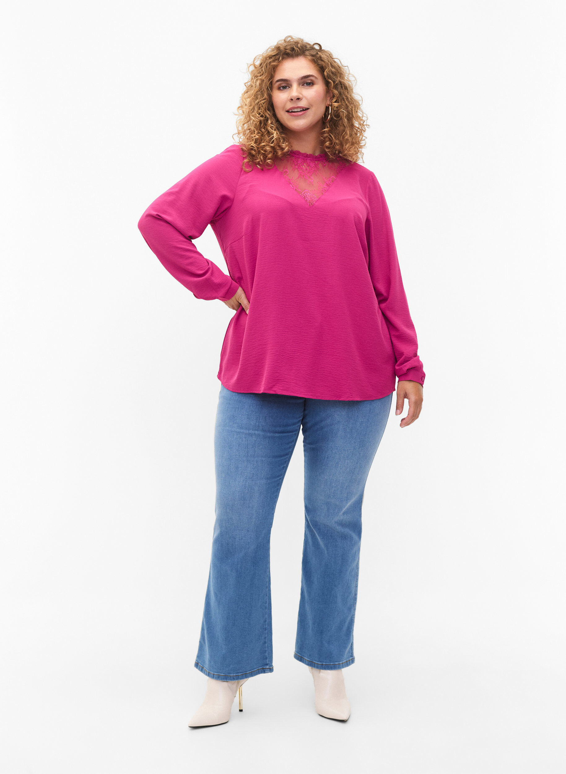 Zizzi Bluse med lange &aelig;rmer og blondedetalje, Festival Fuchsia, Model image number 2