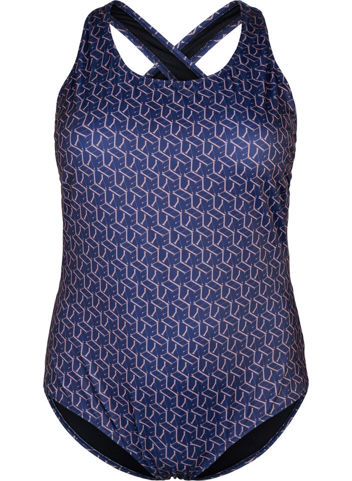 Badedragt med print og krydset ryg, Text Print, Packshot image number 0