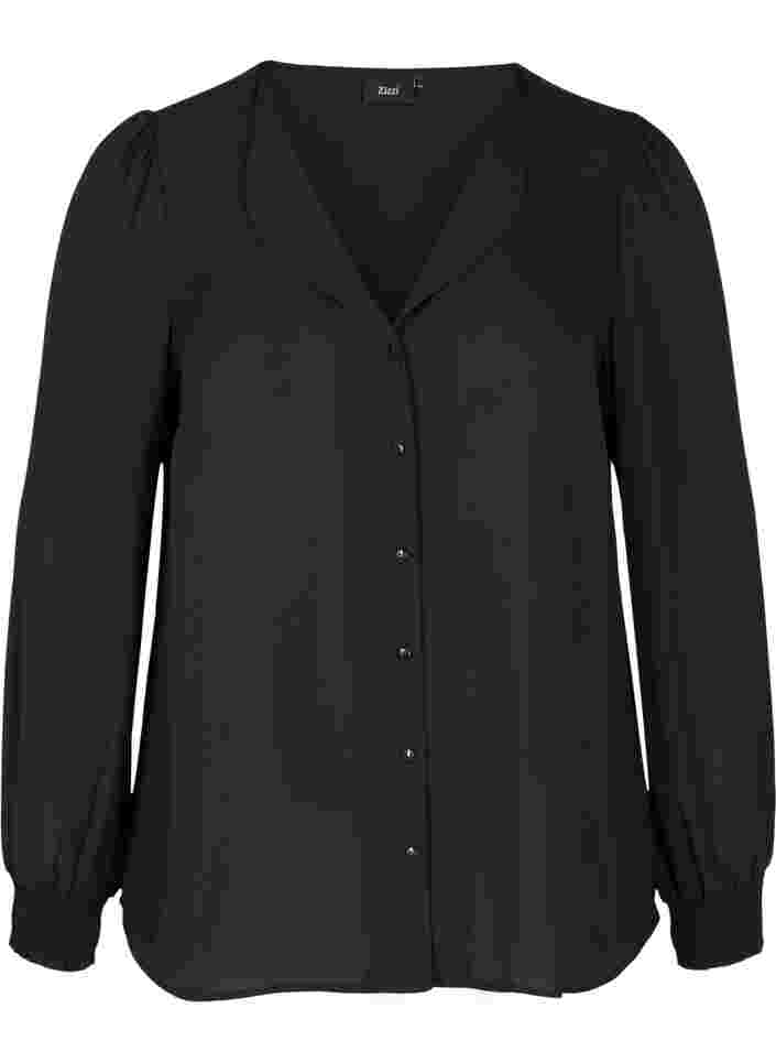 Skjorte med v-udskæring og smock, Black, Packshot image number 0