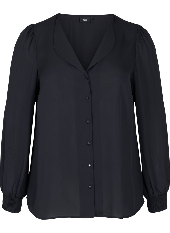 Skjorte med v-udskæring og smock, Black, Packshot image number 0