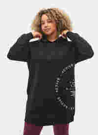 Lang sweatshirt med hætte og printdetaljer, Black w. Logo Print, Model