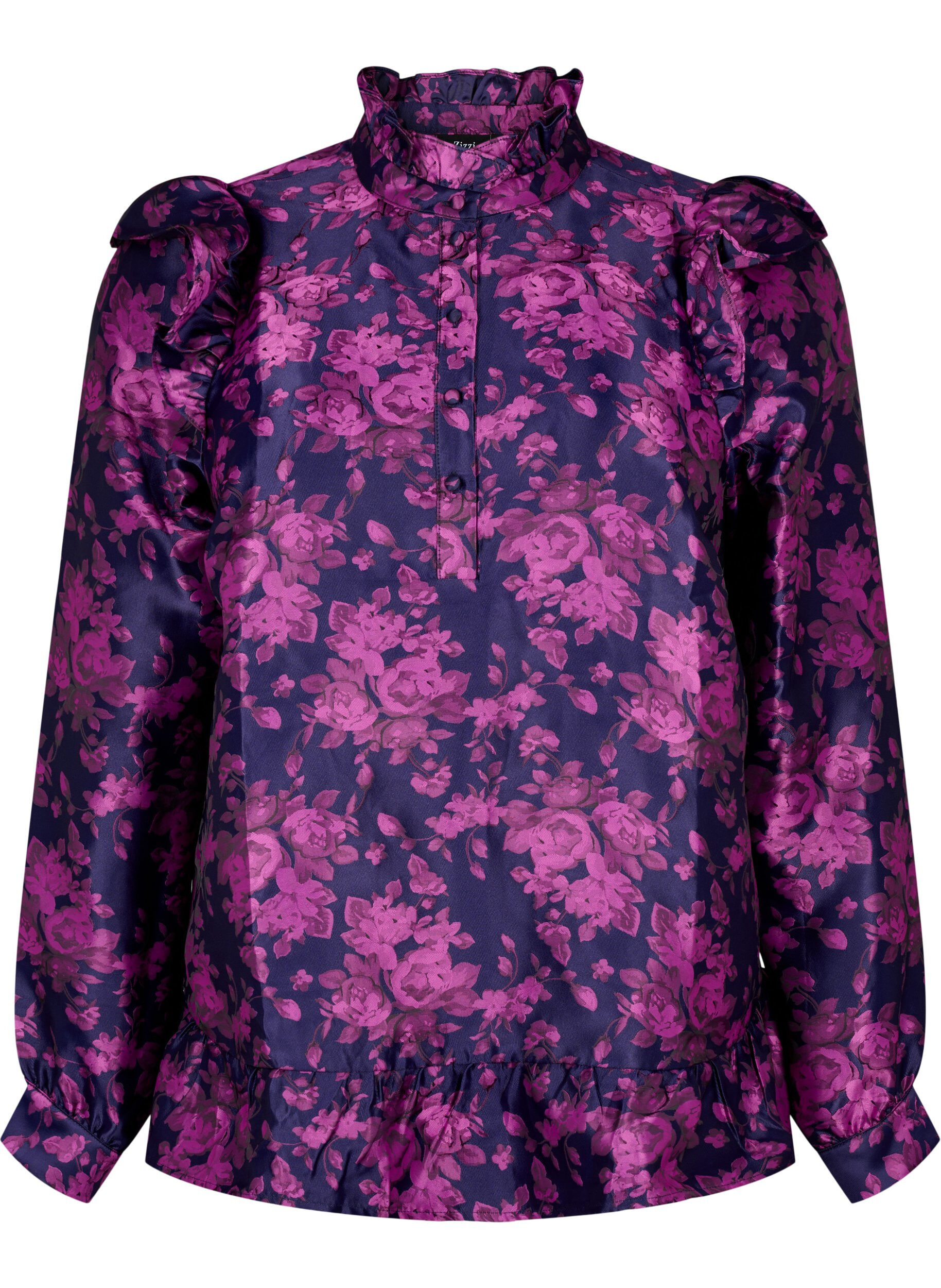 Zizzi Blomstret jacquardbluse med fl&aelig;sedetaljer, Dark Blue Pink, Packshot image number 0