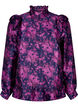 Blomstret jacquardbluse med flæsedetaljer, Dark Blue Pink, Packshot image number 0
