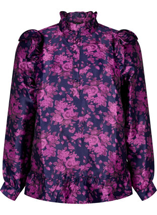 Blomstret jacquardbluse med flæsedetaljer, Dark Blue Pink, Packshot image number 0