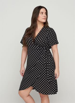 Wrap kjole i print med korte ærmer, Black w White Dot, Model image number 0
