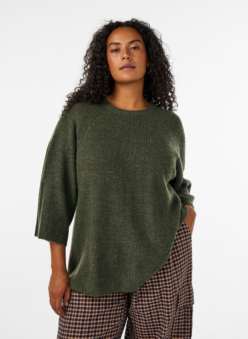 Ribstrikket tr&oslash;je med 3/4 &aelig;rmer, Gr&oslash;n, Model image number 0