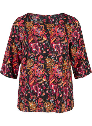 Printet bluse med blonderyg og 3/4 ærmer, Navy Blazer/Paisley, Packshot image number 0
