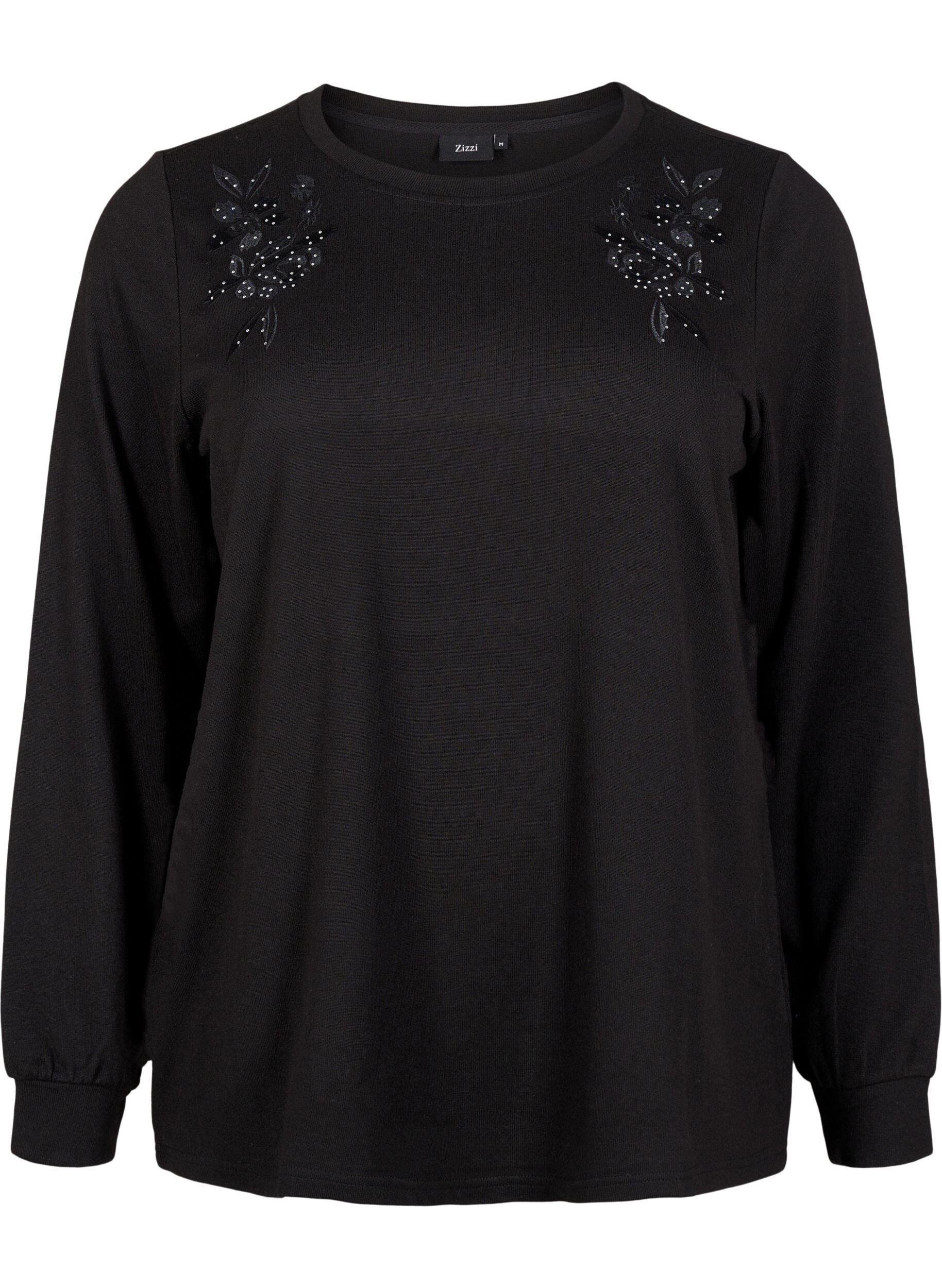 Zizzi Bluse med brodering og rhinesten, Black, Packshot image number 0