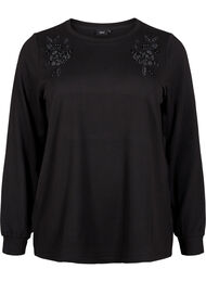 Bluse med brodering og rhinesten, Black