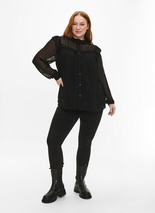 Skjortebluse med flæser og prikket tekstur, Black, Model image number 2