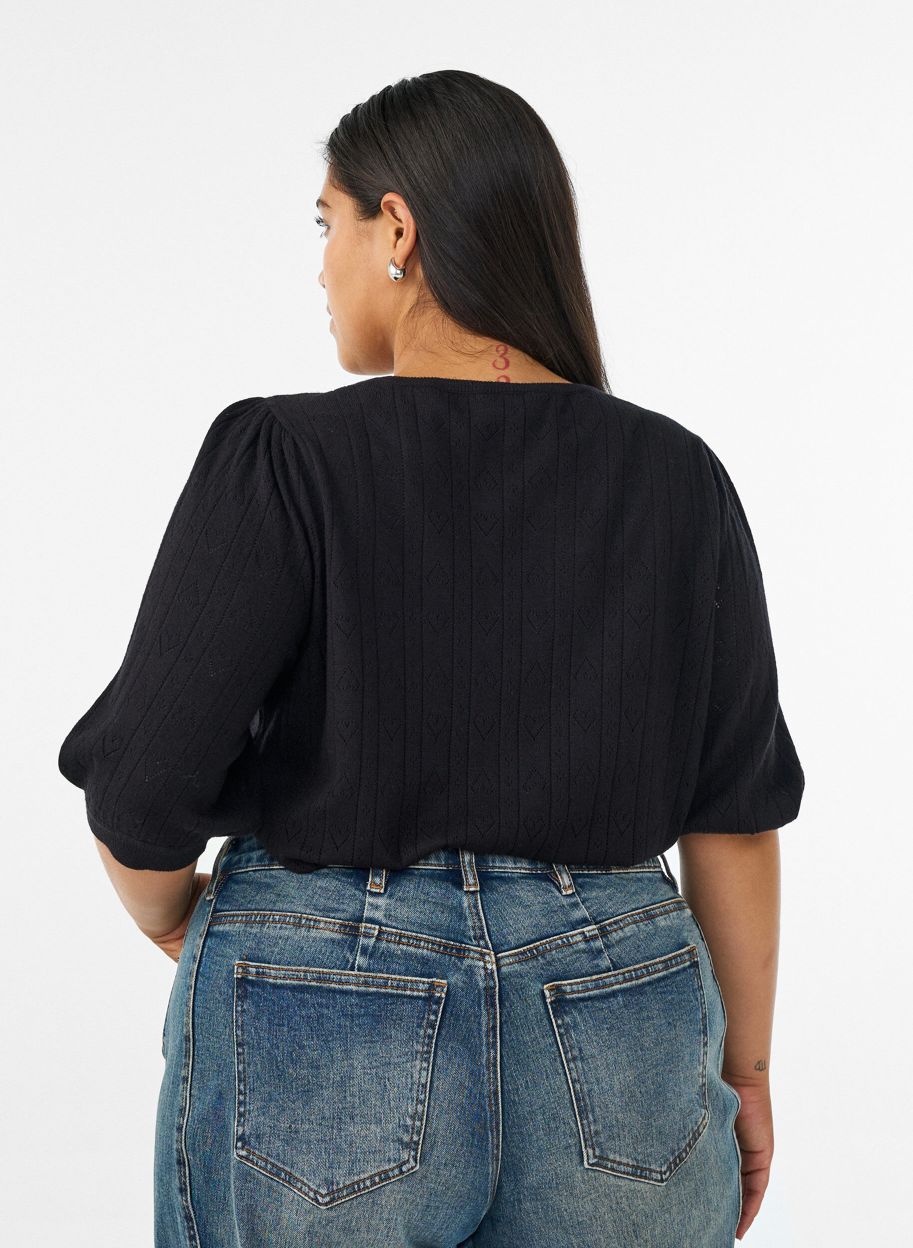 ZizziKort&aelig;rmet strikbluse med pointellem&oslash;nster, Sort, Model image number 2