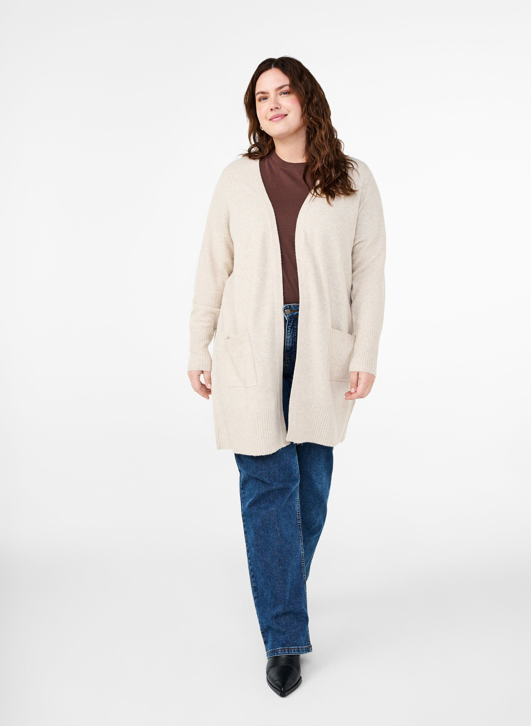 Zizzi Meleret strik cardigan med lommer, Beige, Model image number 1