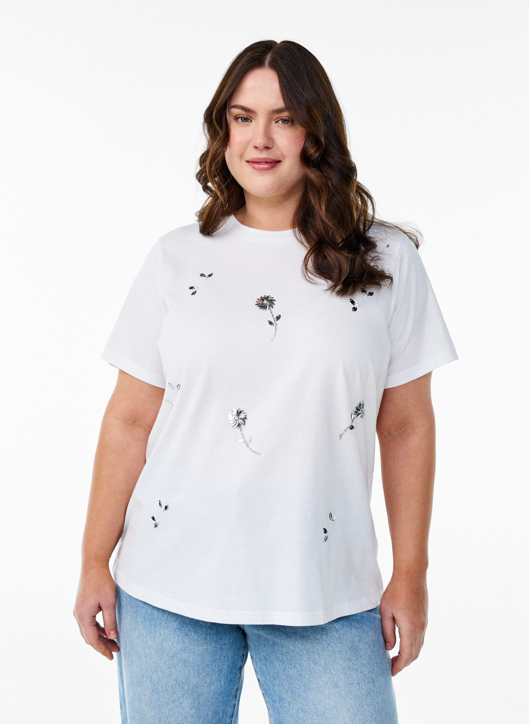 T-shirt med paillet-blomster, Hvid, Model