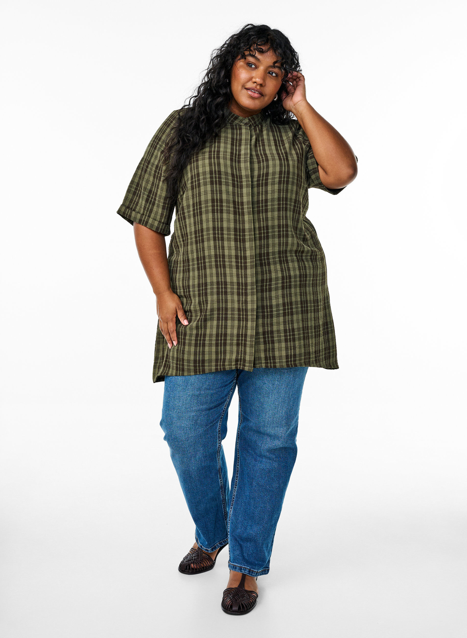 Zizzi Tunika med korte &aelig;rmer og ternet m&oslash;nster, Gr&oslash;n, Model image number 1