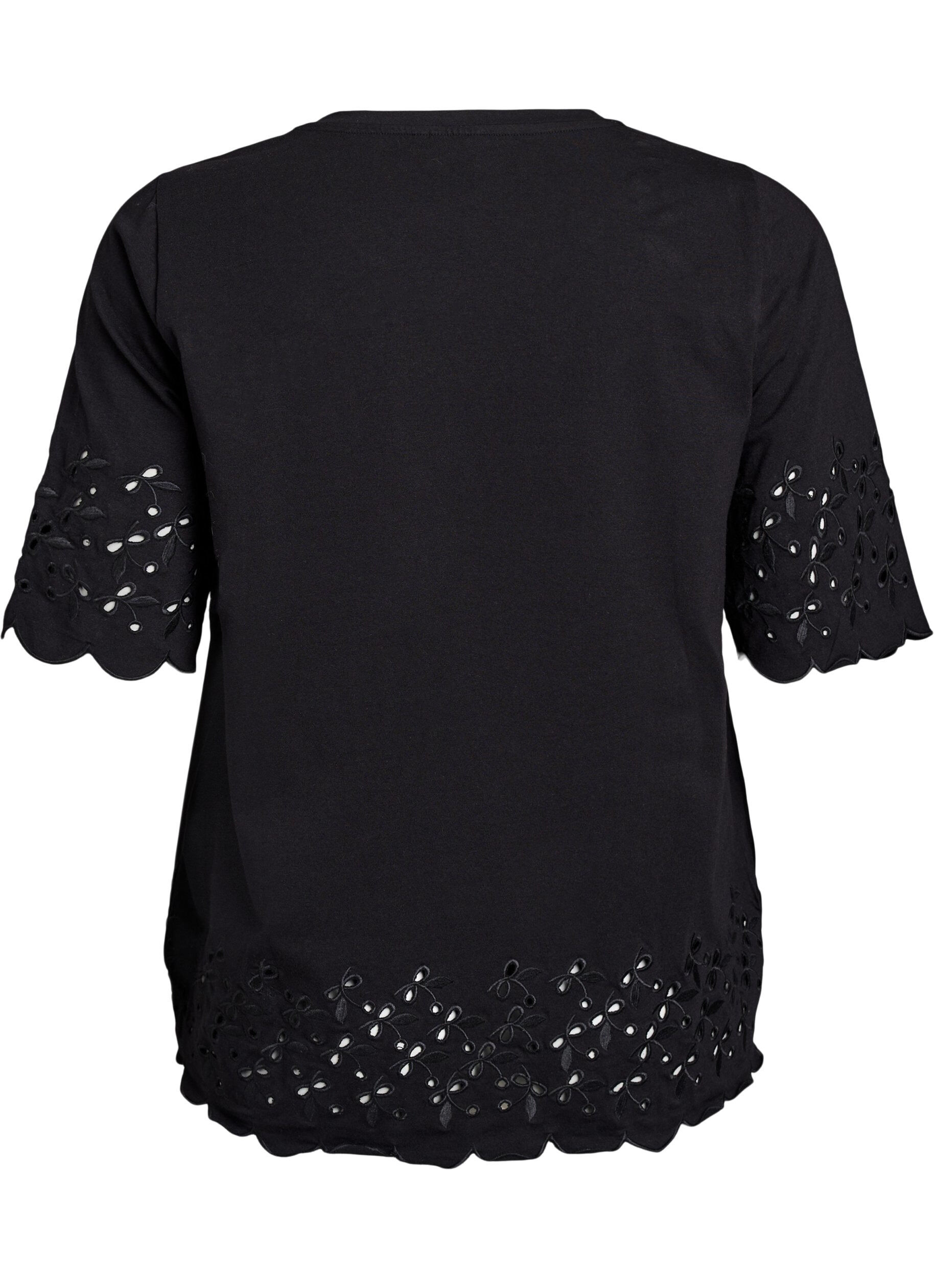 Zizzi T-shirt med broderie anglaise og b&oslash;lgekanter, Sort, Packshot image number 1