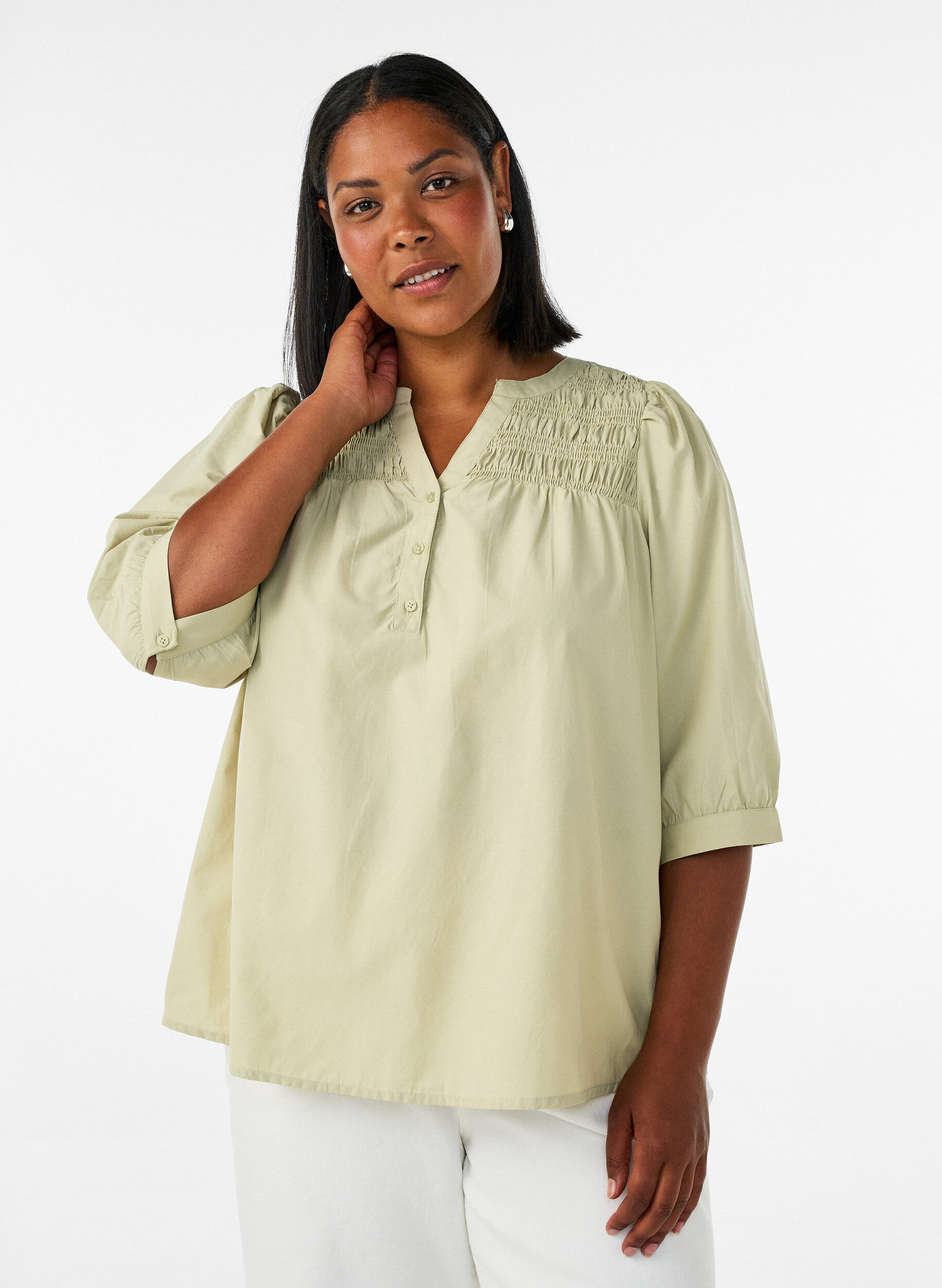 Bluse med smock og 3/4-&aelig;rmer, Gr&oslash;n, Model
