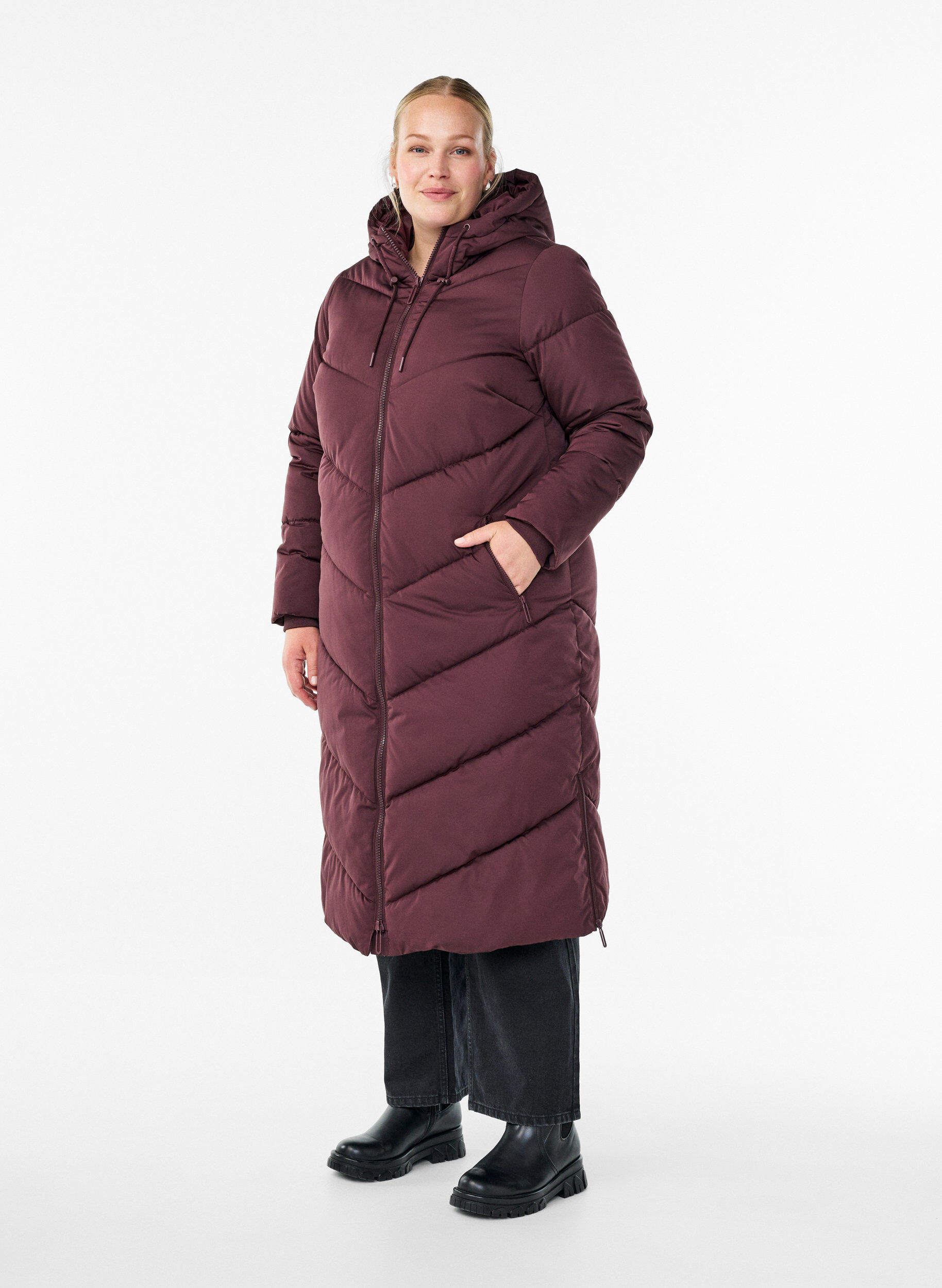 ZizziLang pufferfrakke med h&aelig;tte og lommer , M&oslash;rk Bordeaux, Model image number 0