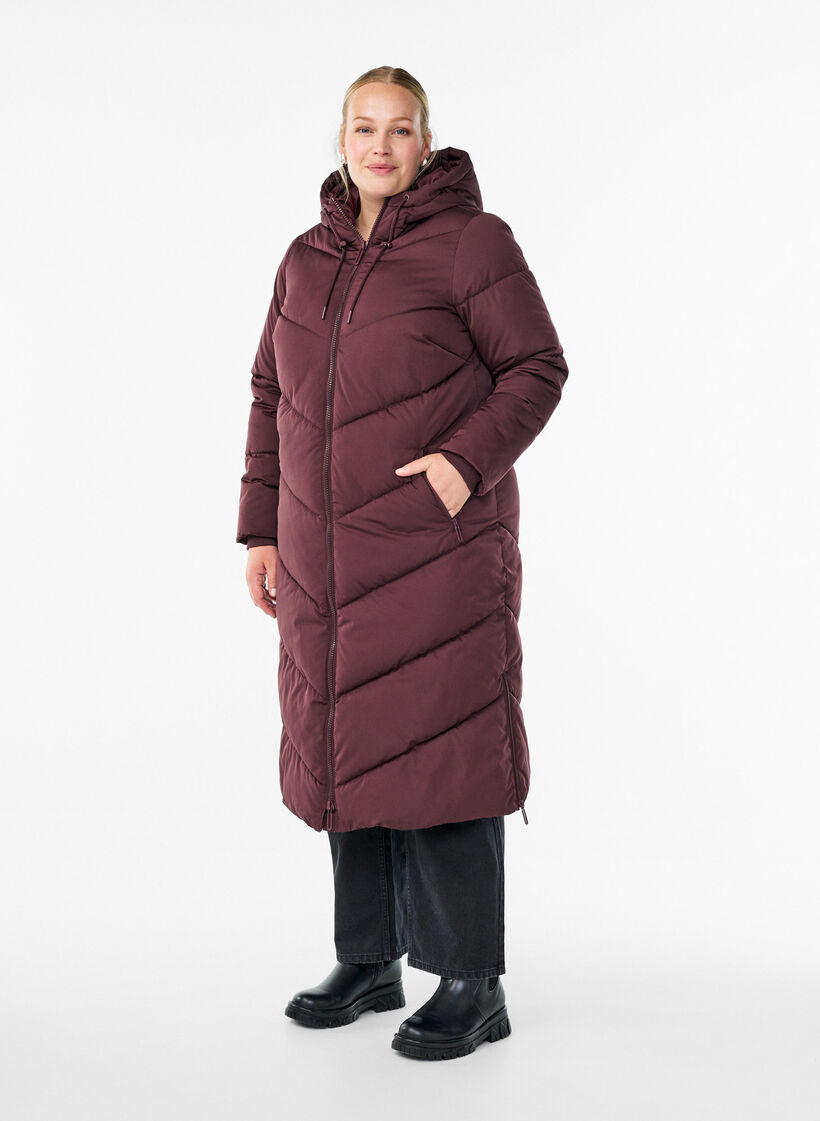 Lang pufferfrakke med h&aelig;tte og lommer , M&oslash;rk Bordeaux, Model image number 0