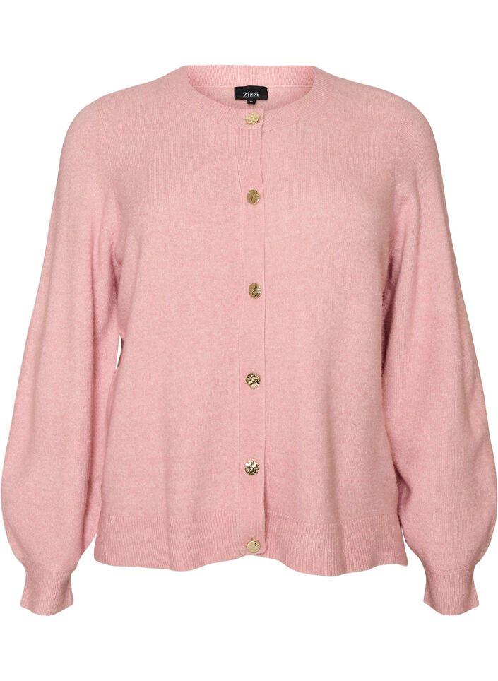 Cardigan i bl&oslash;d strik med guldfarvede knapper, Lyser&oslash;d, Packshot image number 0