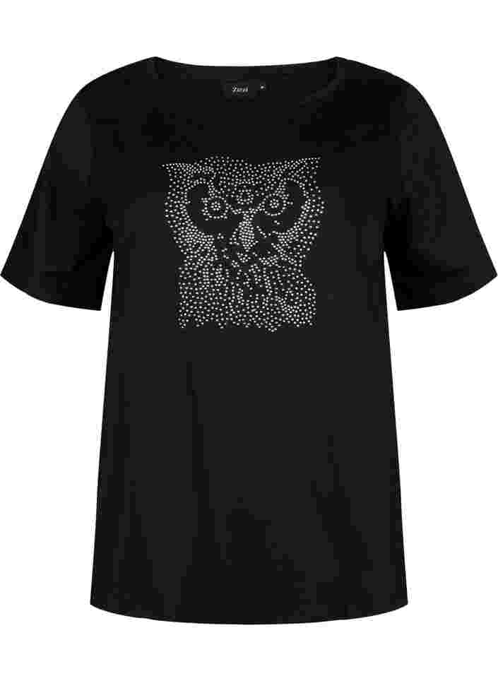 T-shirt med nitter i økologisk bomuld, Black Owl, Packshot image number 0