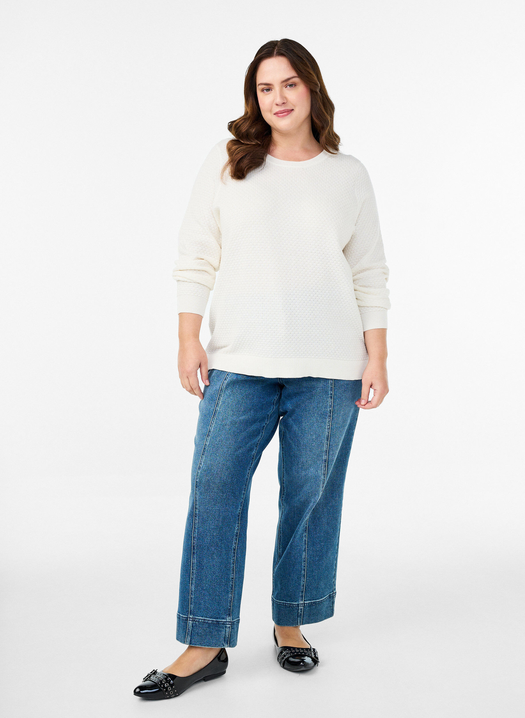 Zizzi Strikbluse i bomuld med strukturm&oslash;nster, Vanilla, Model image number 1