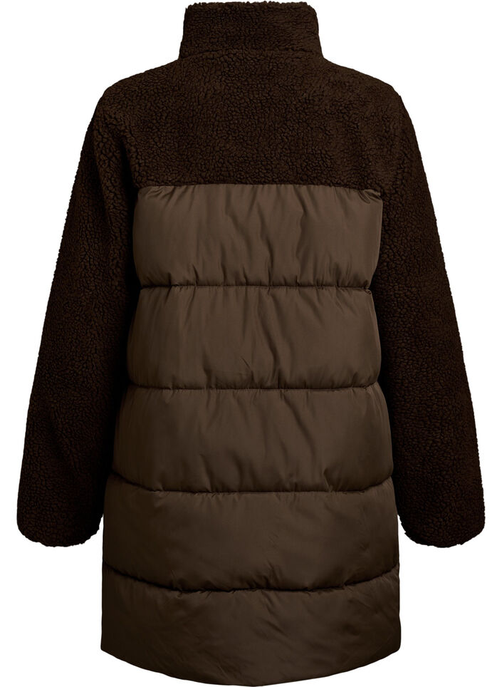 Mellemlang pufferjakke med teddyfleece, Brun, Packshot image number 1