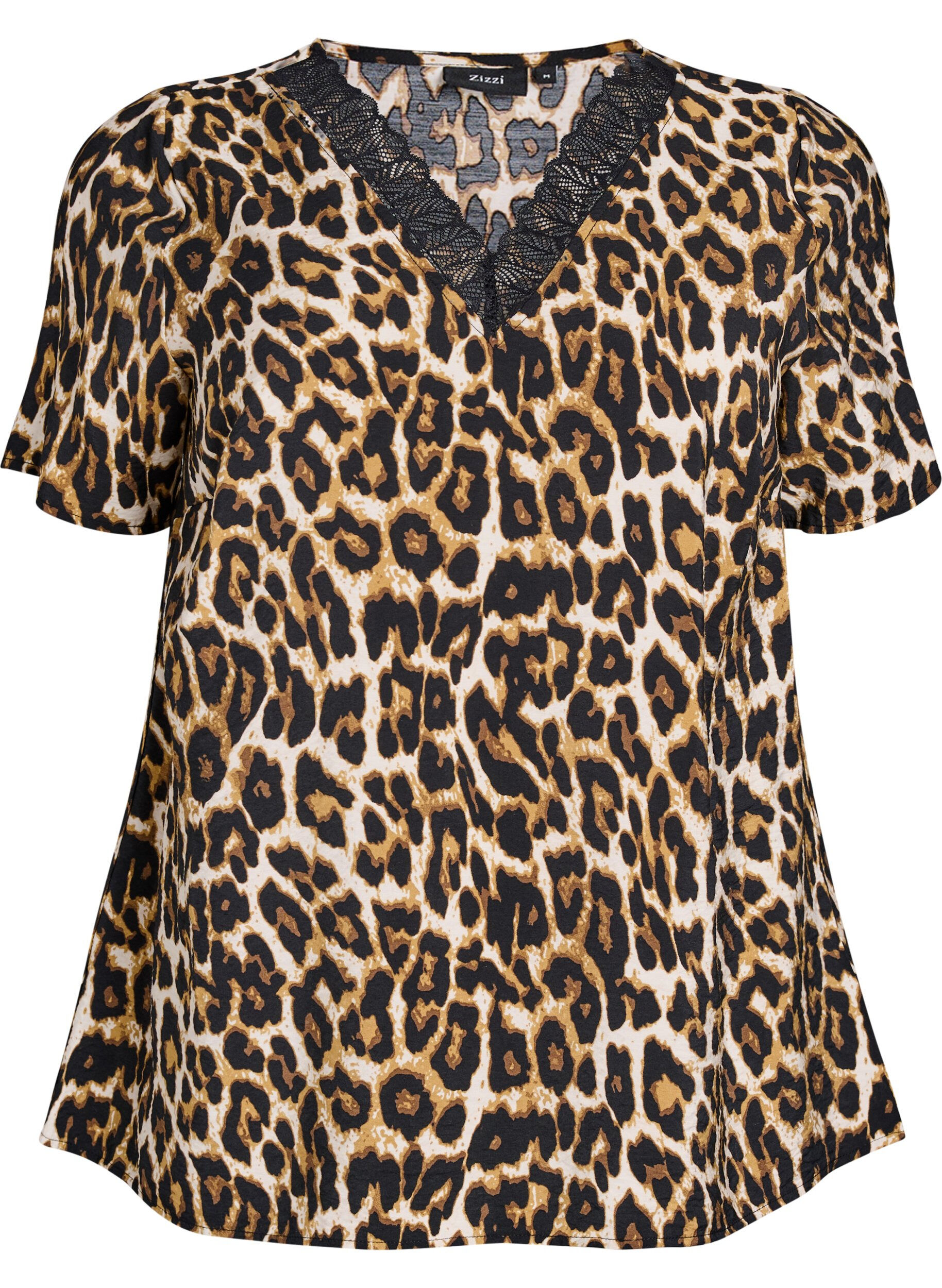 Kort&aelig;rmet bluse i viskose med blondekant