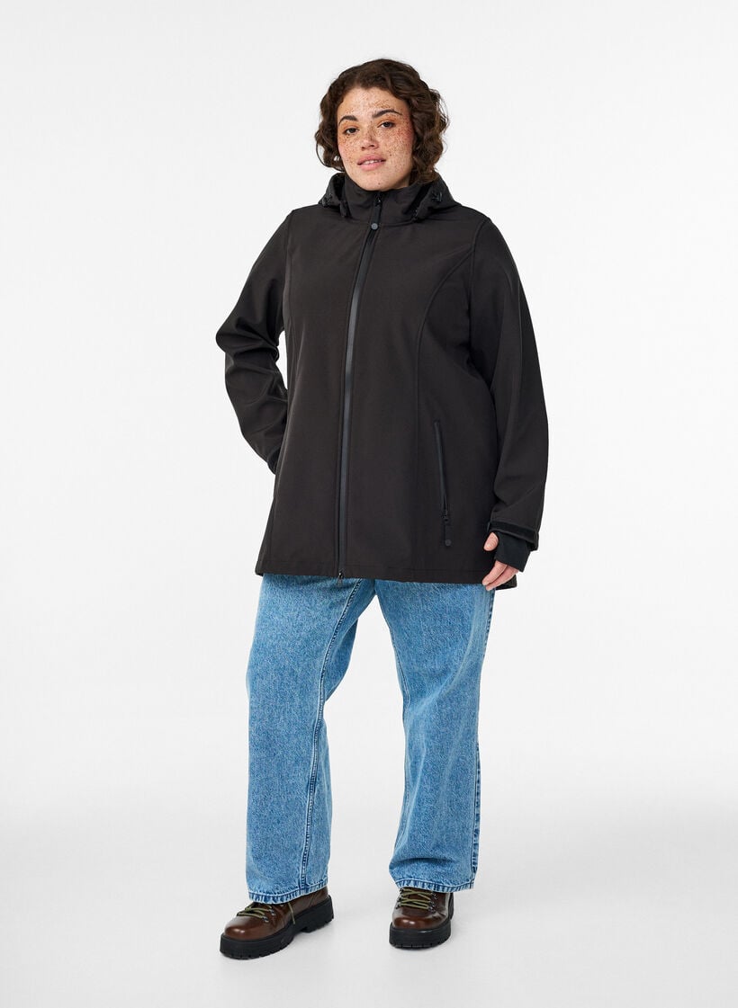 Kort softshell jakke med aftagelig h&aelig;tte, Sort, Model image number 1