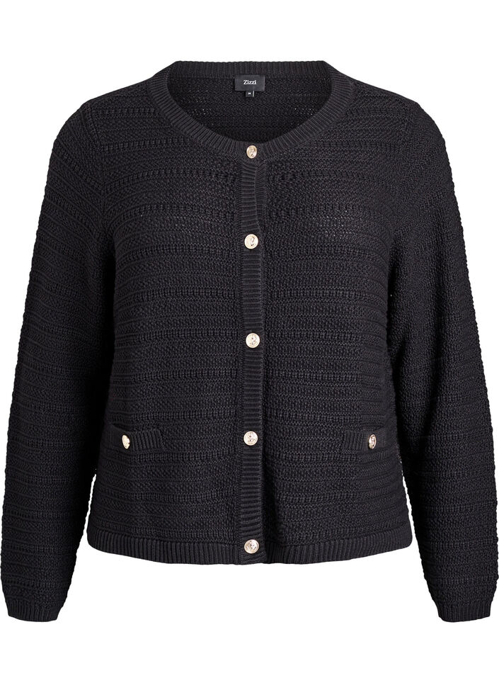 Cardigan med strukturstrik og dekorative knapper, Sort, Packshot image number 0