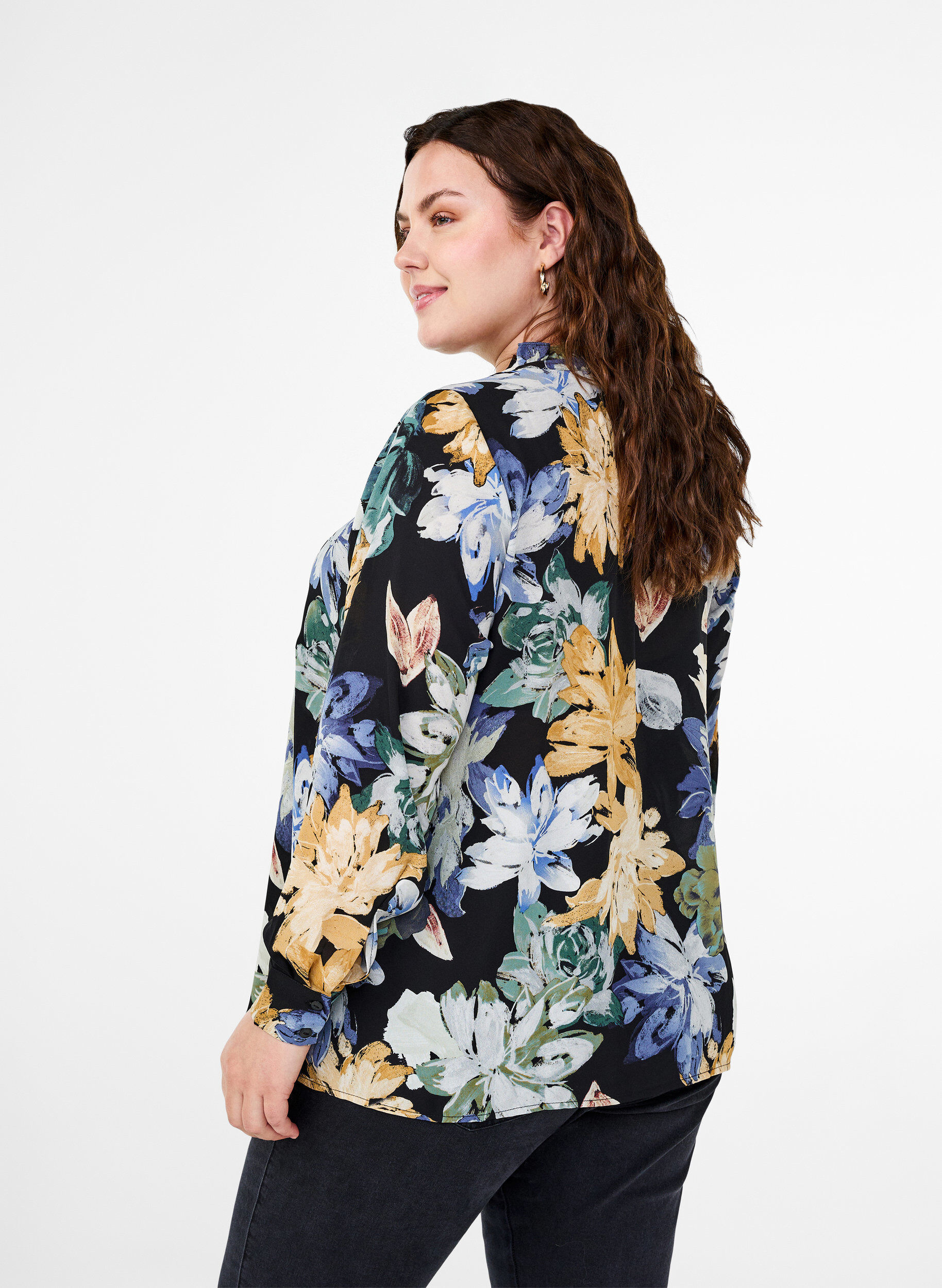 Zizzi Lang&aelig;rmet bluse med blomsterprint, Yellow Flower AOP, Model image number 1