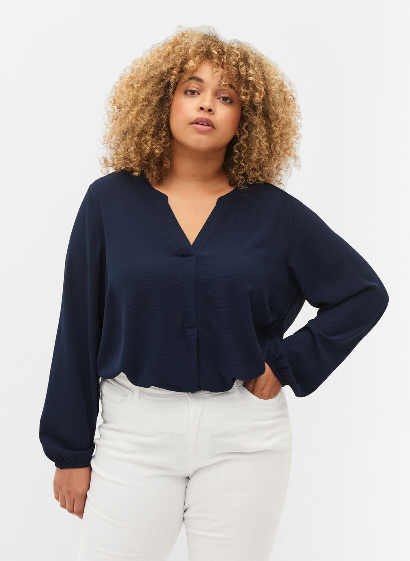 Ensfarvet bluse med v-hals, Navy Blazer, Model image number 0