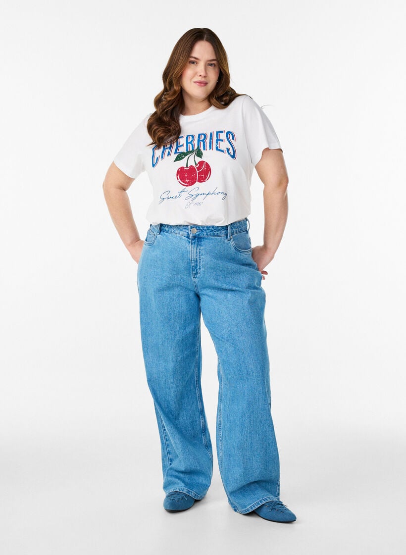 Bomulds t-shirt med frugtmotiv og tekst, Hvid, Model image number 1