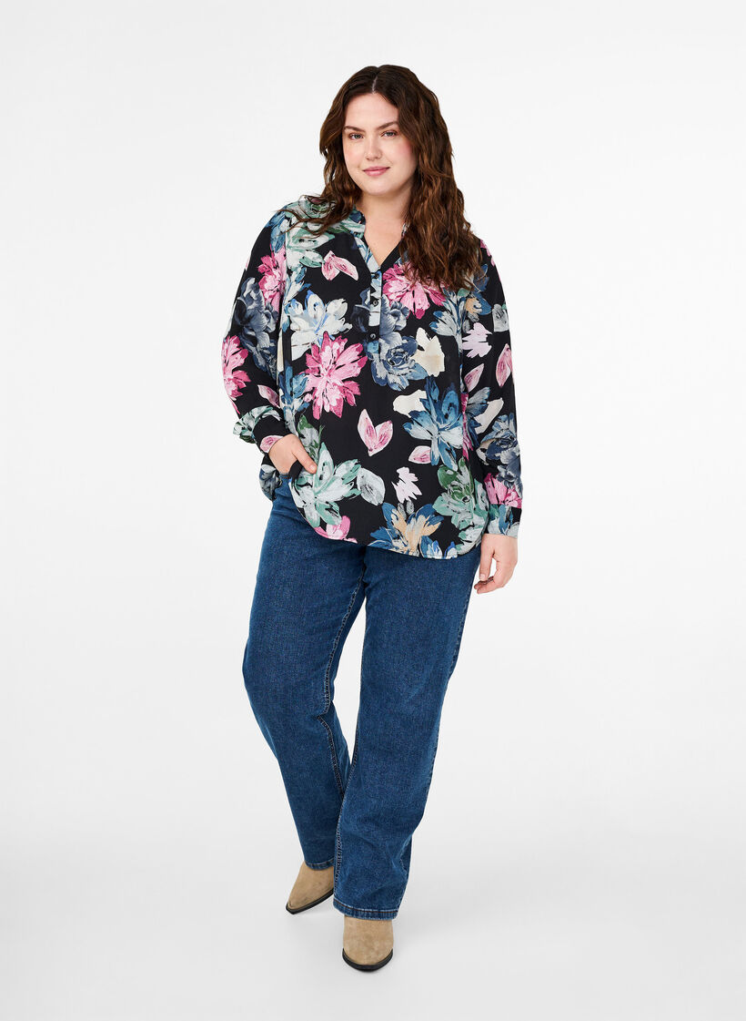 Langærmet bluse med blomsterprint, Rose Flower AOP, Model image number 2