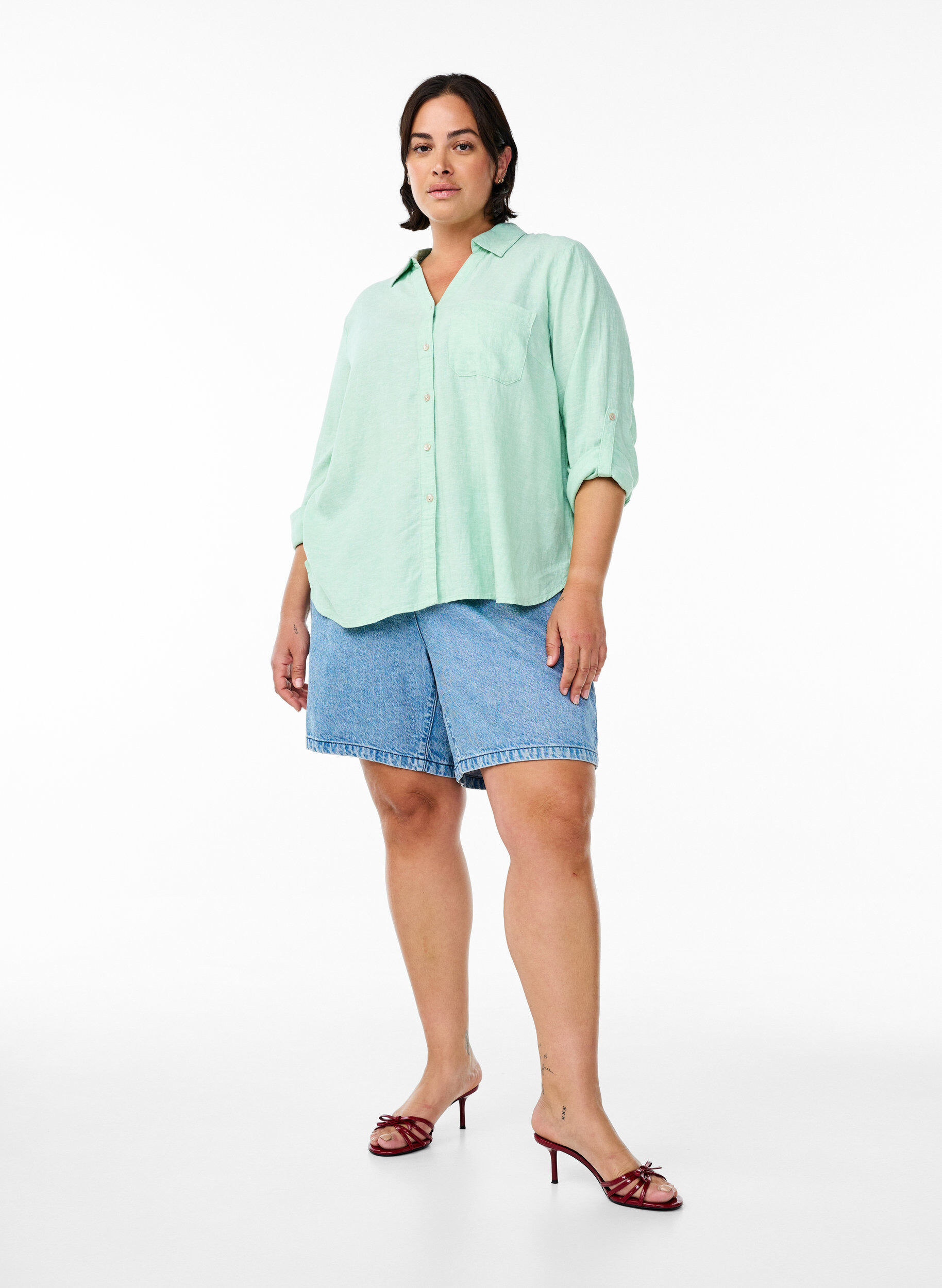 ZizziSkjorte i h&oslash;r og viskose med 3/4-&aelig;rmer, Gr&oslash;n, Model image number 1