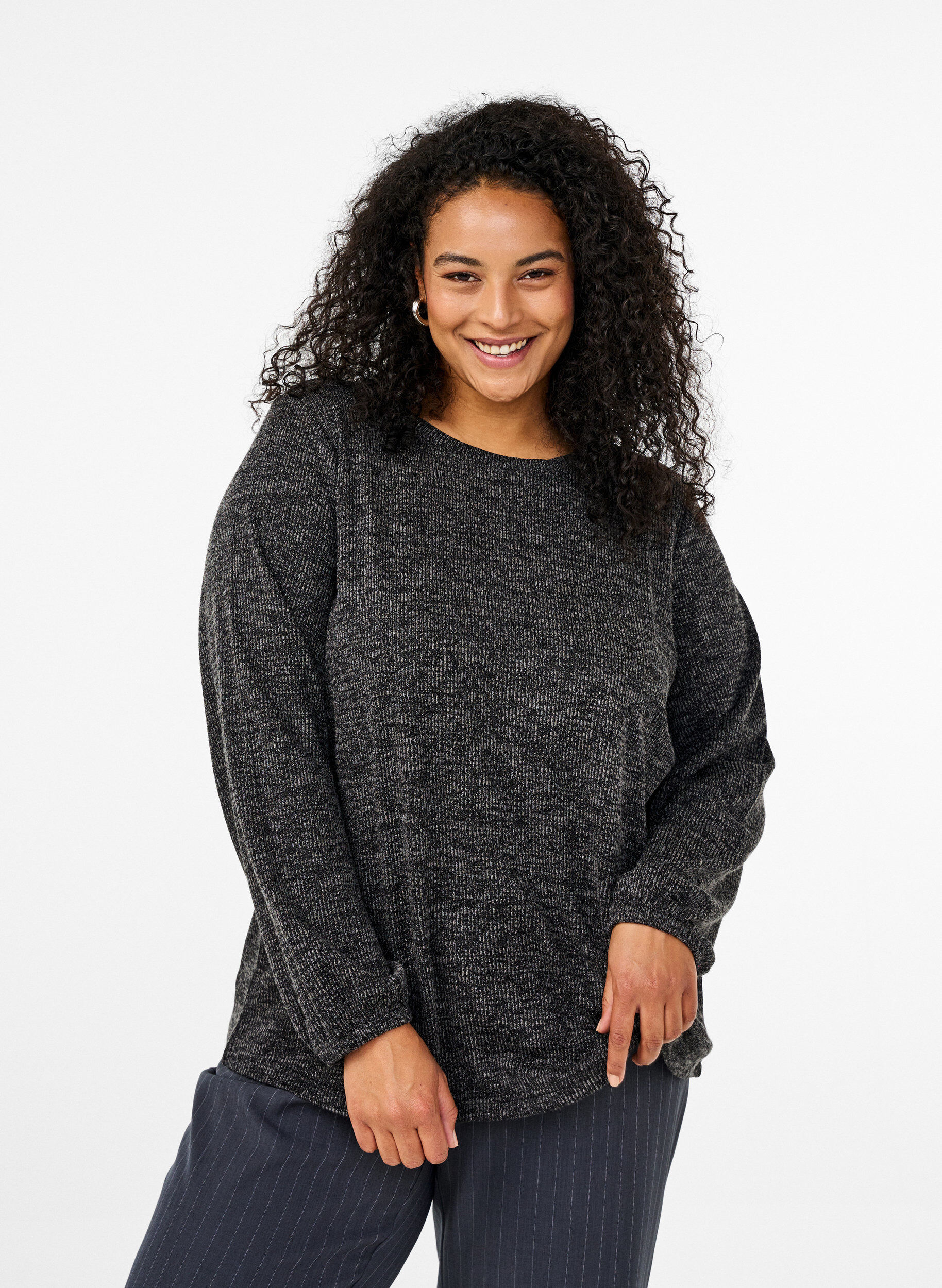 Zizzi FLASH - Jerseybluse med lange &aelig;rmer, Gr&aring;, Model image number 0