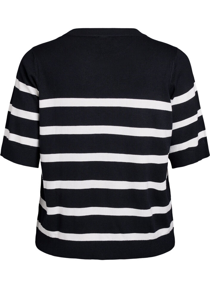 Stribet strikbluse med korte &aelig;rmer, Sort, Packshot image number 1