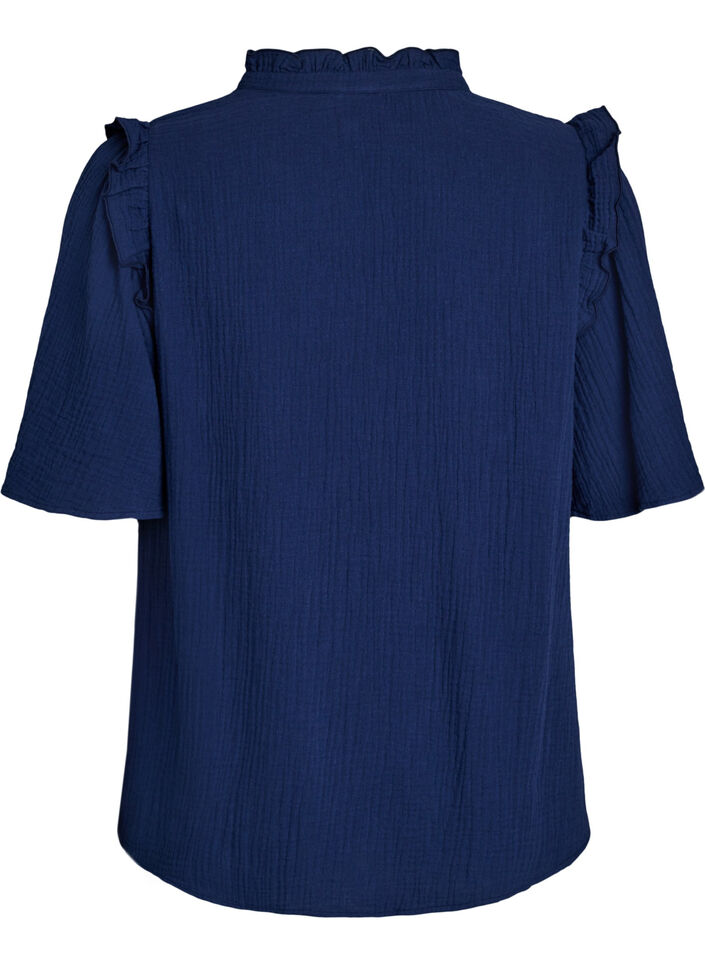 Bluse i bomuldsmusselin med broderie anglaise og 1/2 &aelig;rmer, Bl&aring;, Packshot image number 1