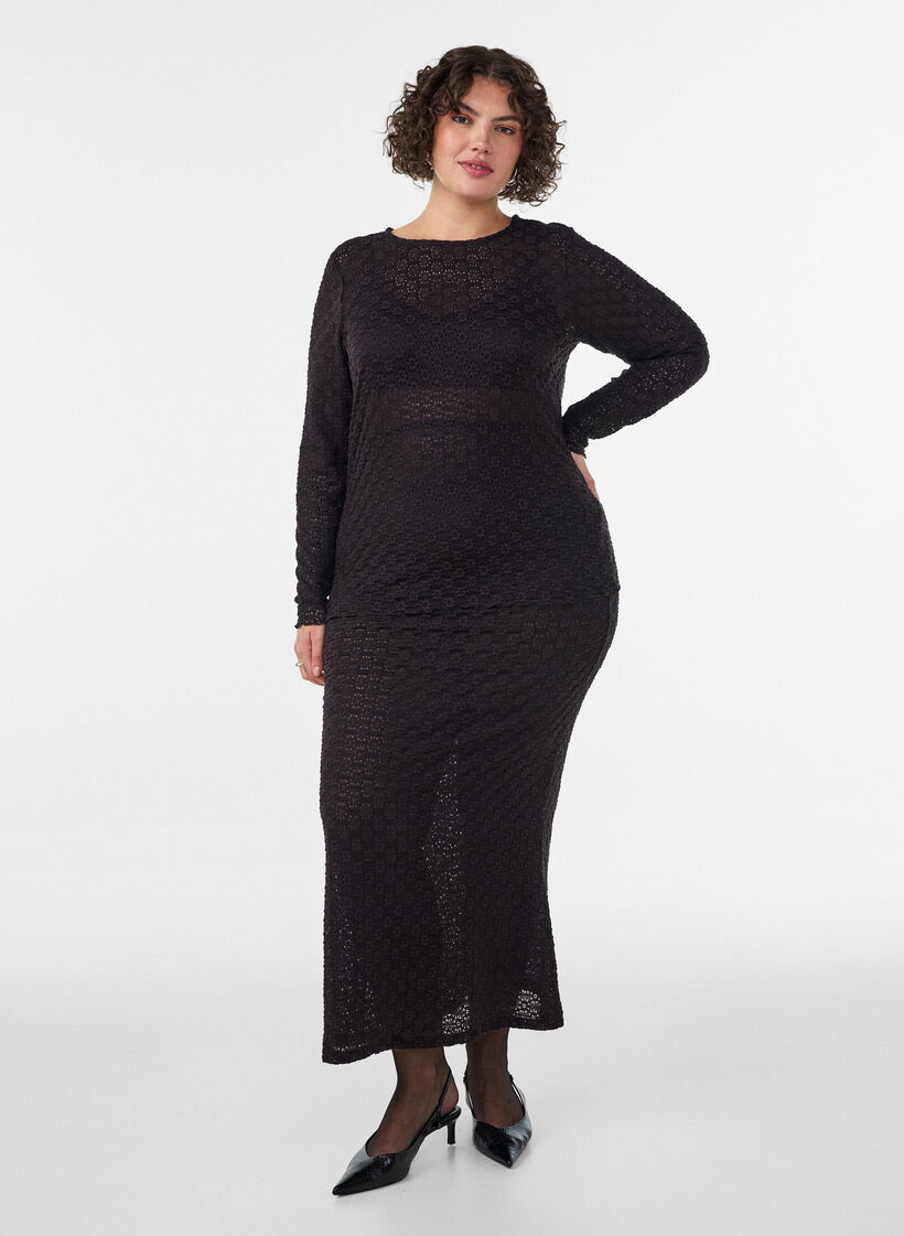 Bluse med hulm&oslash;nster og lange &aelig;rmer, Sort, Model image number 1