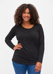 Ensfarvet basis bluse i bomuld, Solid Black, Model image number 0